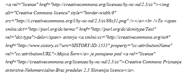 Slika 8: Licenca Creative Commons Priznanje
                            avtorstva-Nekomercialno-Brez predelav 2.5 Slovenija. Hrani:
                            Dokumentacija IP INZ