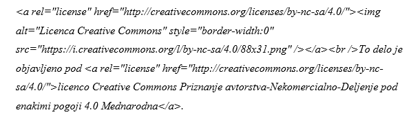 Slika 9: Licenca Creative Commons Priznanje avtorstva-Deljenje pod
                            enakimi pogoji 4.0 Mednarodna. Hrani: Dokumentacija IP INZ