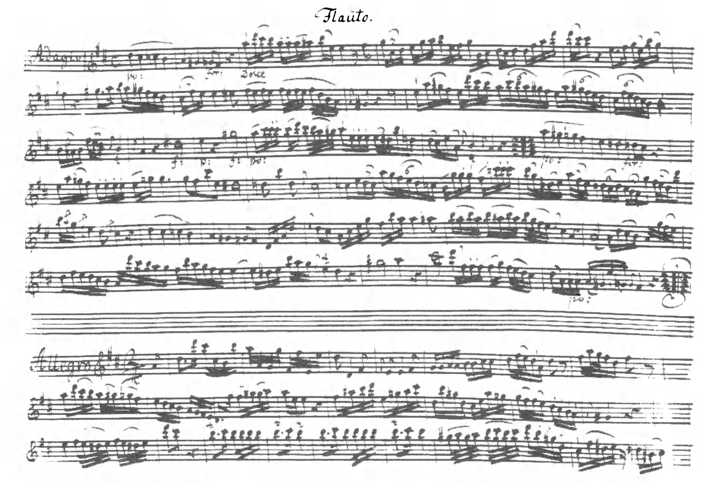 Sonata a tre v D duru (V), prva stran parta flavte. Badische Landesbibliothek Karlsruhe, Ms. 229.